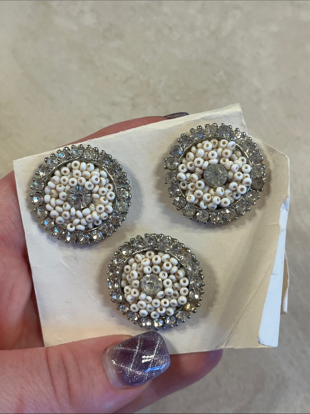Vintage White Beaded Crystal Round Buttons - Set of 3